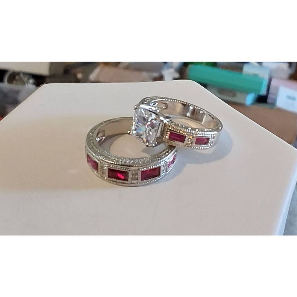 Gorgeous 4 Ct. Princess & Emerald Cut Lab Ruby/Sim Diamond Bridal Ring Set Sz 8